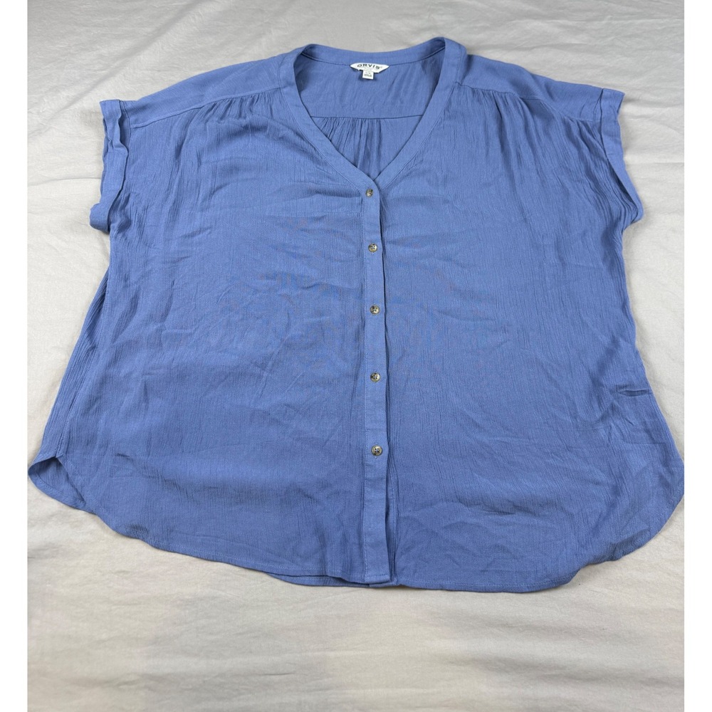 Orvis Womens LRG Blue Rayon Button Front Top Blouse Short Sleeve V-Neck 1770085